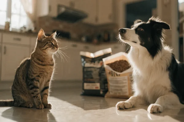 Cat and dog sitting near open bags of pet food in a kitchen