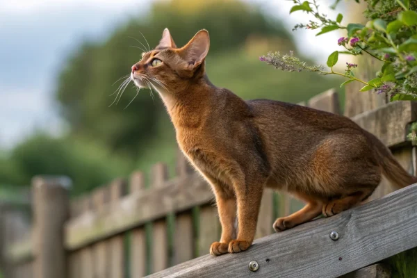 Ruddy Abyssinian cat in alert posture on a wooden fence in afternoon light