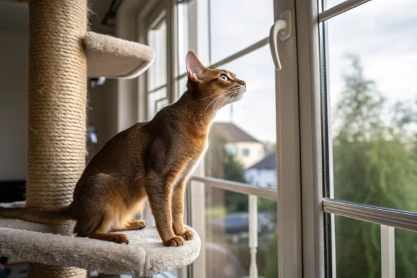 Abyssinian cat on top of a tall cat tree gazing intently out a morning window