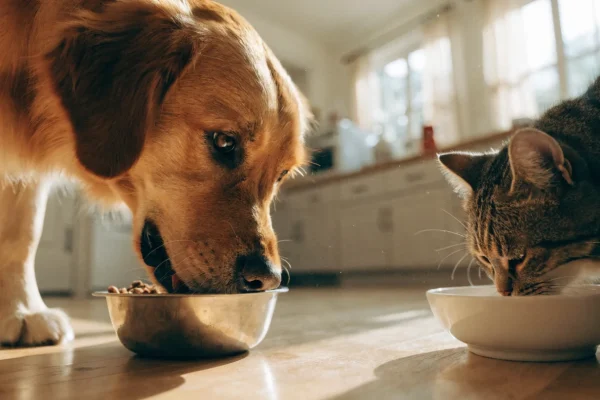 Adult dog and cat eating from separate food bowls in a home kitchen