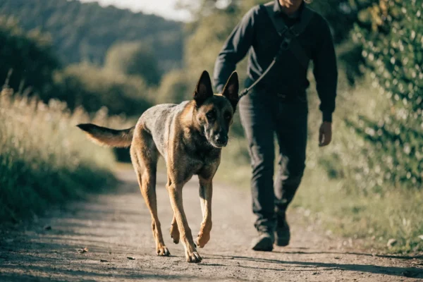 Belgian Malinois in a focused heel during advanced obedience training