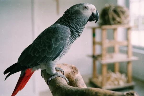 Congo African Grey parrot perched on a natural wood branch with foraging toys visible in the background