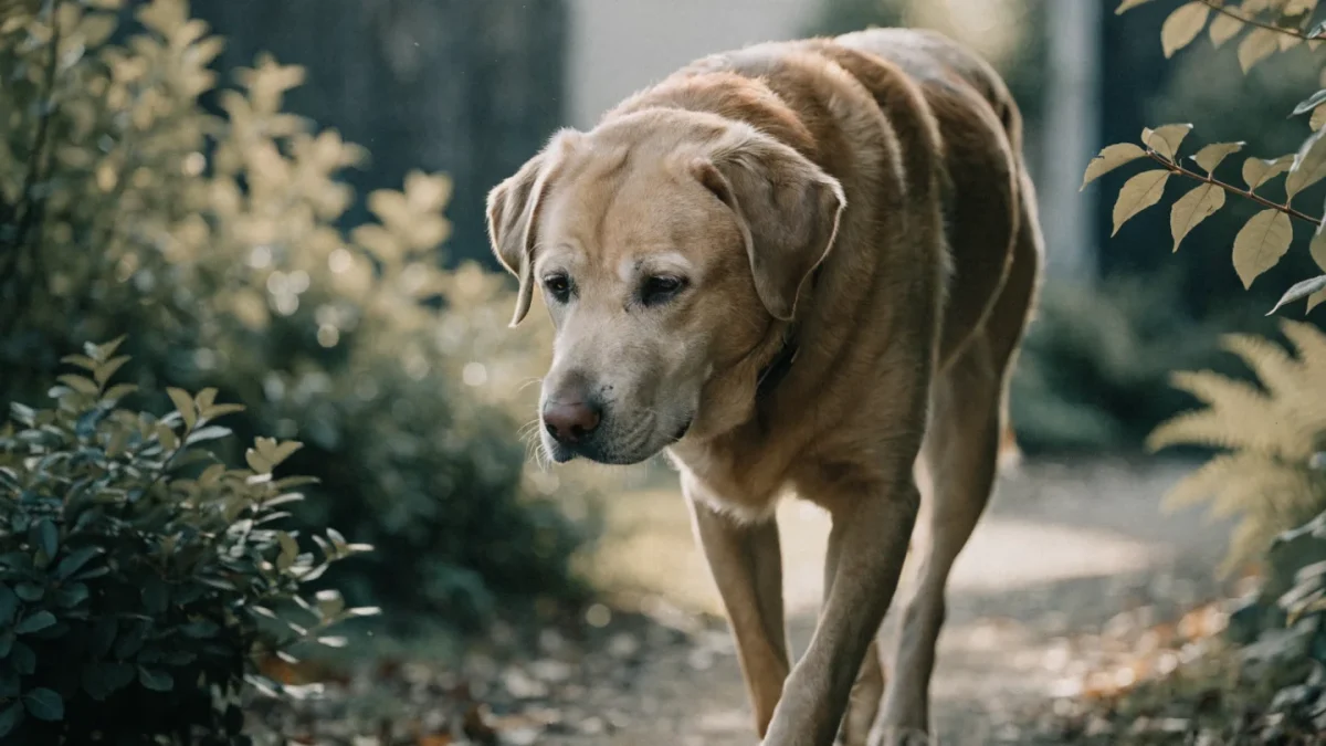 Senior Labrador retriever with grey muzzle walking on a garden path in afternoon light