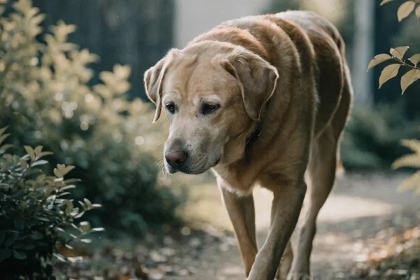 Senior Labrador retriever with grey muzzle walking on a garden path in afternoon light