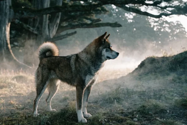 Brindle Akita standing in a misty mountain clearing at dawn with cedar trees in the background