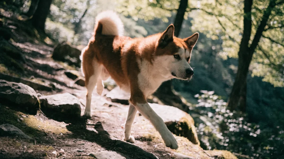 Red and white Akita hiking along a wooded mountain trail