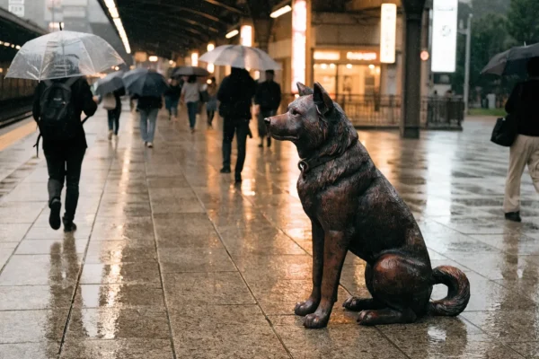 Bronze Akita statue sitting at a Japanese train station plaza on a rainy evening with commuters passing