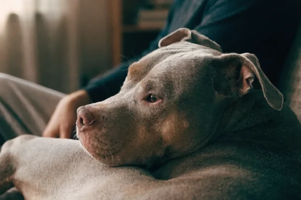 Blue fawn American Pit Bull Terrier resting its head on owner's lap on a couch in warm indoor light
