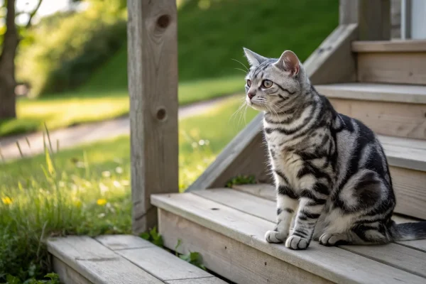 Silver tabby American Shorthair cat sitting on wooden porch steps in natural light