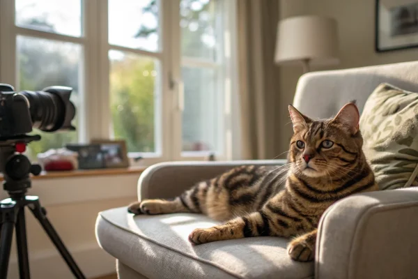 American Shorthair brown tabby cat resting on an armchair, showing the breed's calm and adaptable temperament