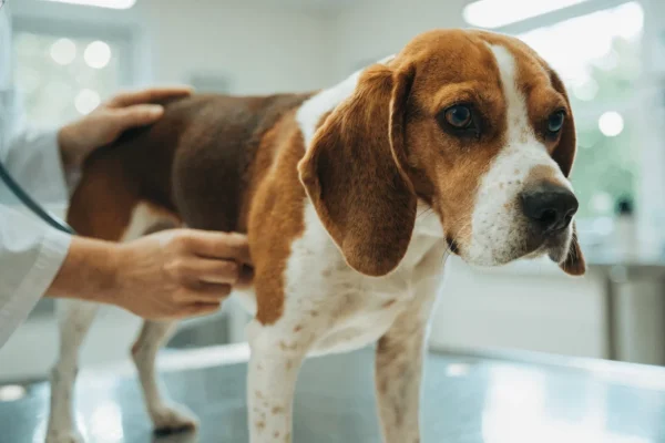 Veterinarian examining a beagle at an annual wellness checkup in a veterinary clinic