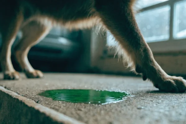 Green antifreeze puddle on garage floor with dog paw at edge of frame