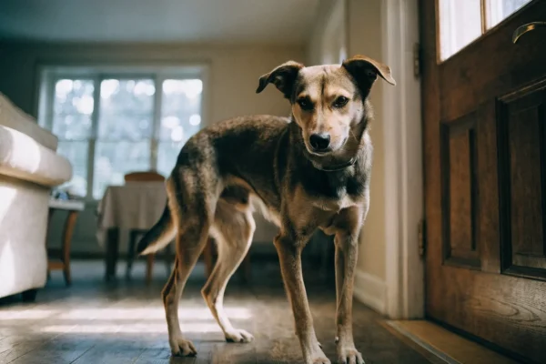 Anxious dog pacing near front door with tense body language