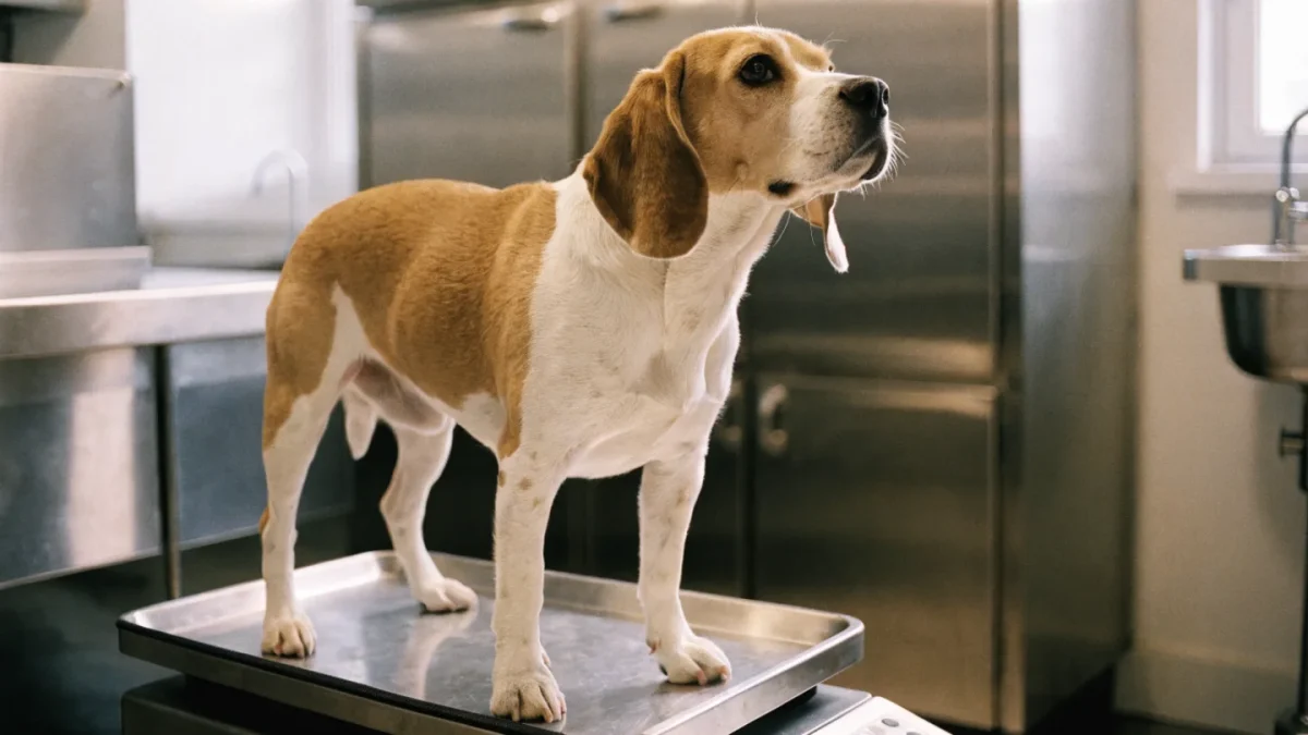 Beagle standing on a vet scale in an examination room, illustrating unexplained weight loss in dogs
