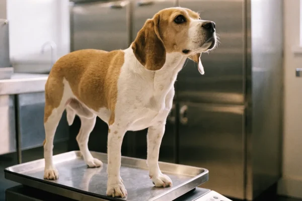Beagle standing on a vet scale in an examination room, illustrating unexplained weight loss in dogs