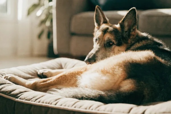 Senior German Shepherd resting on an orthopedic dog bed in a sunny living room, illustrating daily arthritis management for older dogs