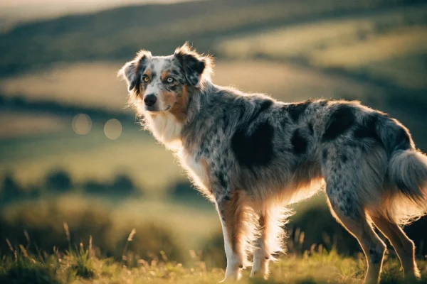 Blue merle Australian Shepherd with heterochromia standing alert on a grassy hillside at golden hour