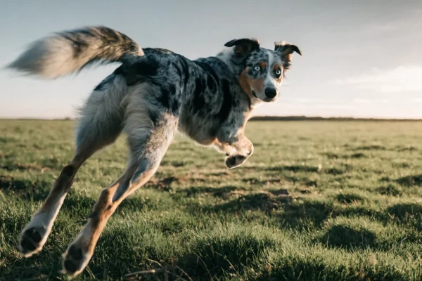 Blue merle Australian Shepherd running at full speed through a green field, showing the breed's high energy and athletic build