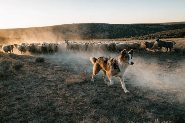 Australian Shepherds working sheep on a wide open western American rangeland at dawn with dust rising