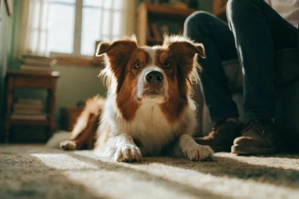 Red tri Australian Shepherd lying at owner's feet looking up attentively in a sunlit living room
