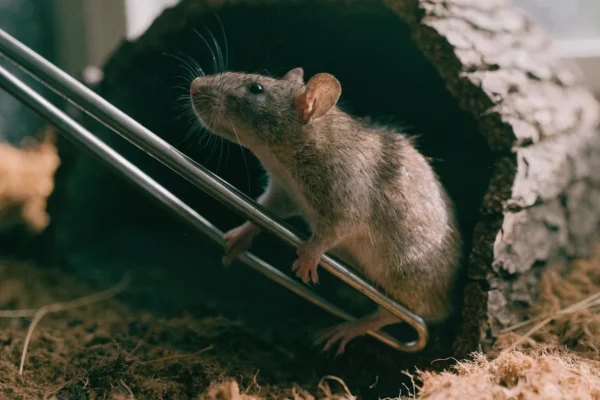 Frozen-thawed rat held with feeding tongs near a ball python hide inside a warm enclosure