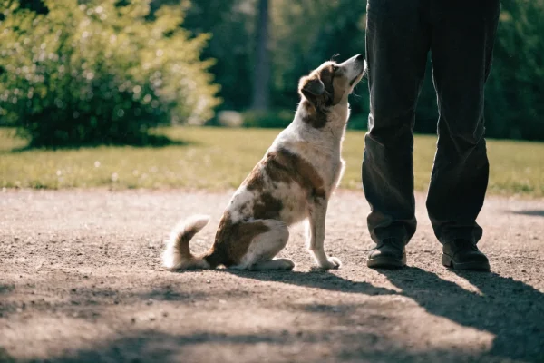 Dog sitting in heel position during basic obedience training in a park