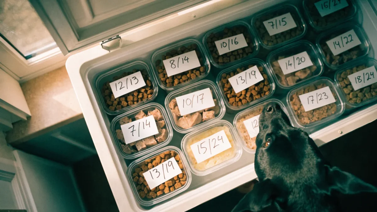 Labeled glass containers of portioned homemade dog food organized in a freezer