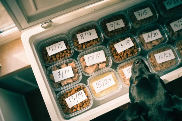 Labeled glass containers of portioned homemade dog food organized in a freezer