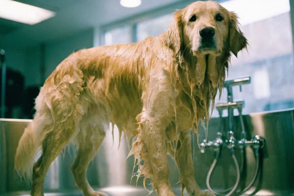 A golden retriever standing in a grooming tub being bathed, wet soapy coat and calm expression
