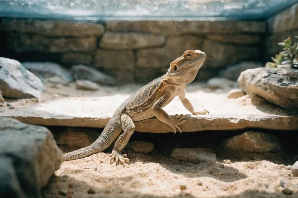Adult bearded dragon basking on a sandstone ledge inside a desert-themed vivarium with rocks and warm overhead lighting