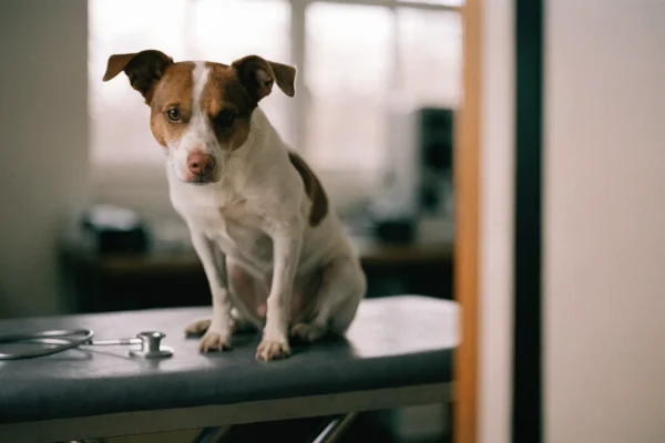 Healthy mixed-breed dog sitting on a veterinary exam table with stethoscope nearby