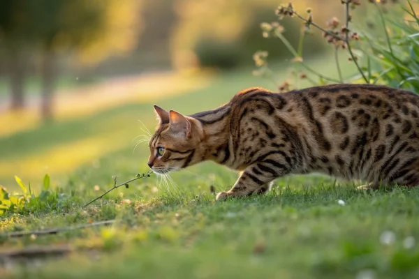 Brown spotted Bengal cat in hunting crouch in garden grass with golden afternoon light