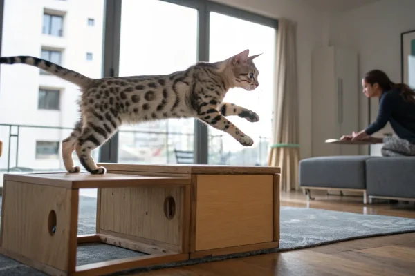 Silver Bengal cat in mid-leap between elevated cat platforms in a bright living room