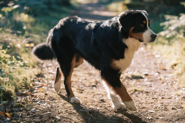 Bernese mountain dog walking on a forest trail with dappled sunlight filtering through trees and autumn leaves on the ground