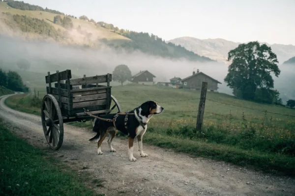 Bernese mountain dog with a traditional Swiss milk cart on a misty alpine farm road with green hills and wooden farmhouses in the background