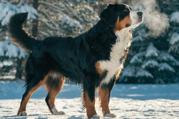 Bernese mountain dog standing alert in a snow-covered yard with a focused expression and tricolor coat contrasting against the white background