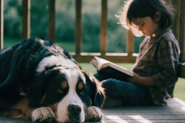 Bernese mountain dog lying calmly on a wooden porch next to a child with warm afternoon light and a green yard in the background