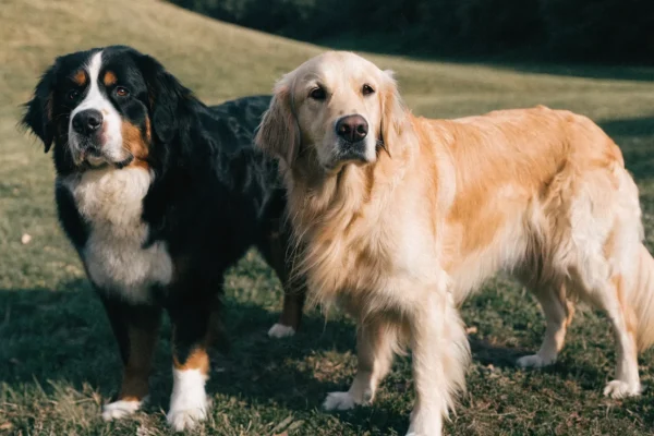 Bernese Mountain Dog and Golden Retriever standing side by side in a park