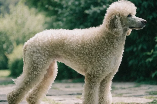 Cream Standard Poodle with a tightly curled coat, representing low-shedding breeds for allergy sufferers