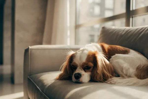 Cavalier King Charles spaniel resting on a modern apartment sofa by a sunlit window