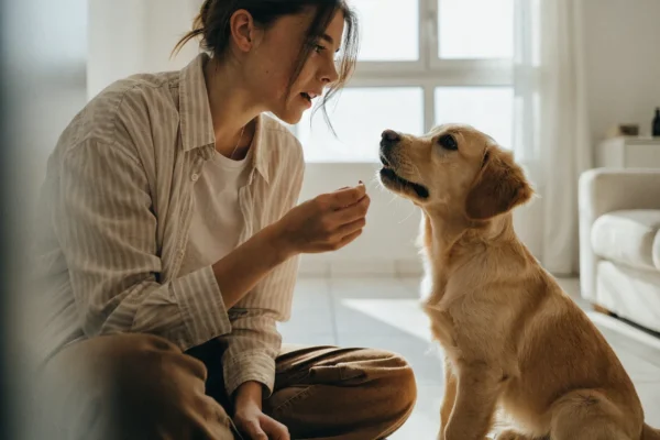 Young woman training a golden retriever puppy on the floor of a bright modern living room