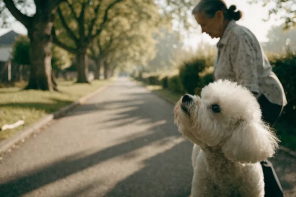 Bichon frise walking alongside an older woman on a quiet tree-lined park path in morning light