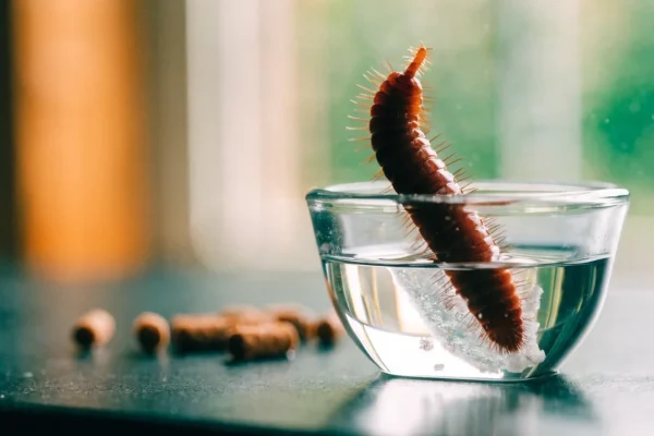 Frozen bloodworm cube thawing beside betta fish pellets for varied diet