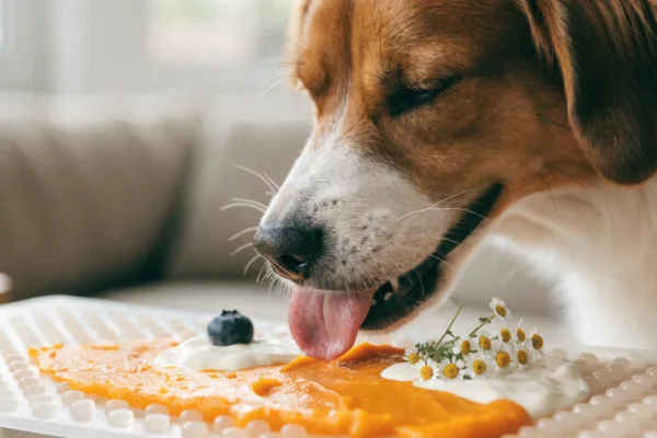 A relaxed dog licks a textured silicone mat filled with healthy puree, demonstrating a calming strategy for canine anxiety.
