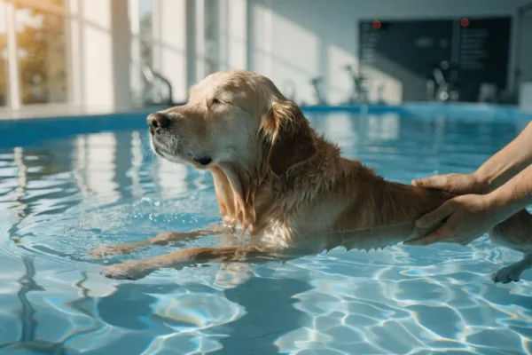 A senior dog with arthritis swims comfortably in a veterinary hydrotherapy pool with the support of a therapist.