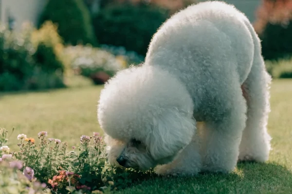White Bichon Frise with a curly coat standing on a lawn in a sunny backyard