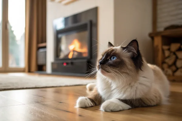 Birman cat with white-gloved paws and blue eyes resting near a fireplace