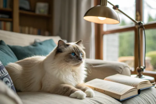 Birman cat with white paws sitting calmly on a sofa cushion in warm interior lighting