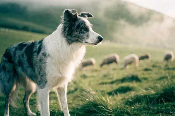 Blue merle border collie standing alert in a misty green sheep pasture in soft morning light