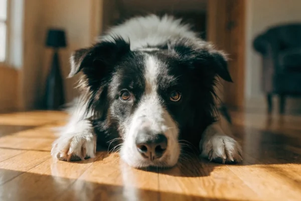 Border collie lying on a wooden floor with an intense focused gaze in warm natural window light